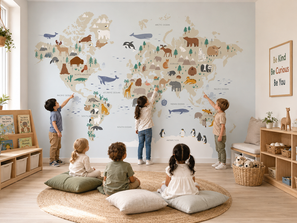 Blue Animal Childrens World Map Wallpaper Mural