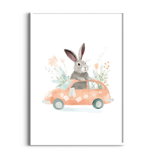 Bunny in Car | Kids Art Print
