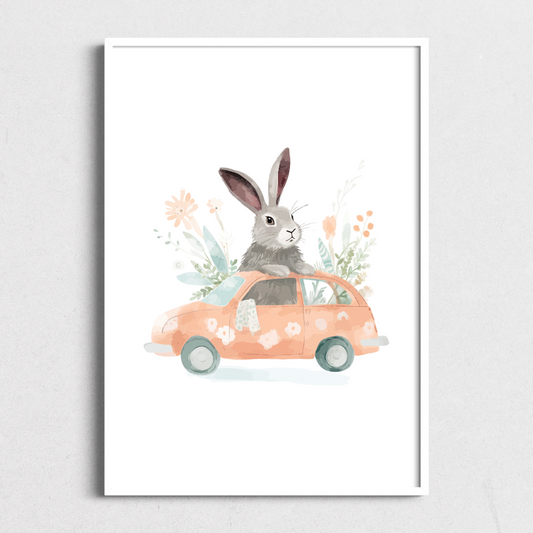 Bunny in Car | Kids Art Print