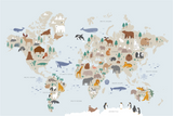 Blue Animal Childrens World Map Wallpaper Mural