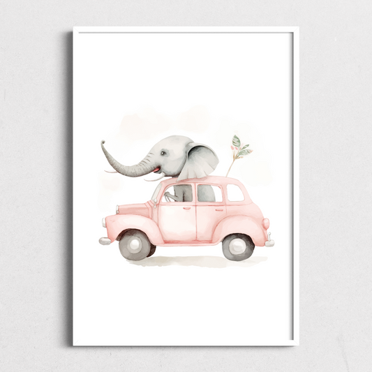 Elephant in Car | Kids Art Print