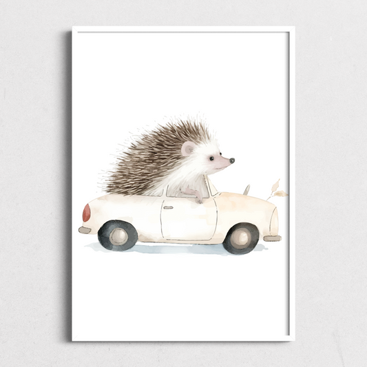 Hedgehog in Car | Kids Art Print