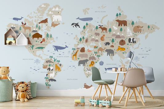 Blue Animal Childrens World Map Wallpaper Mural