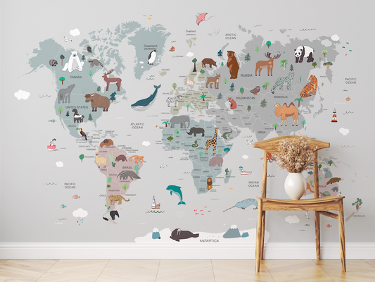 Animal Childrens World Map Wallpaper Mural