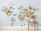 Blue Animal Childrens World Map Wallpaper Mural