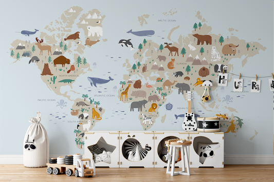 Blue Animal Childrens World Map Wallpaper Mural