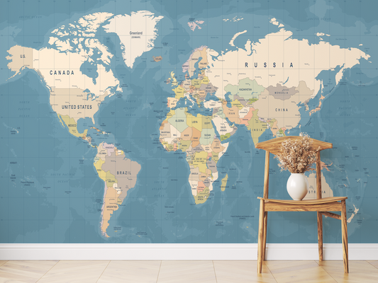 Blue and Colour World Map Wallpaper Mural