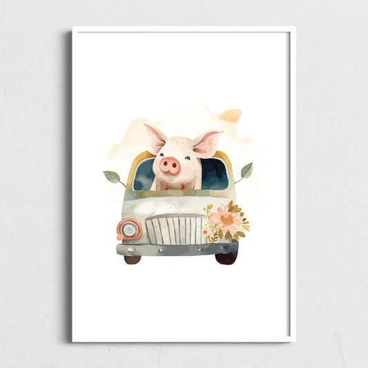 Pig in Car | Kids Art Print