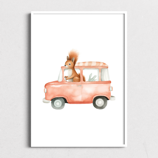 Squirrel in Car | Kids Art Print